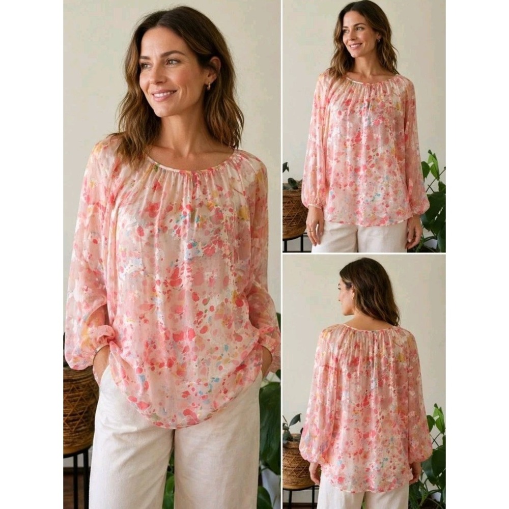 Amanda Bond Silk Blouse Pink Floral Sheer Boho Peasant Top Balloon Sleeves XS/S